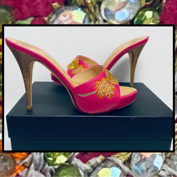 Giuseppe Zanotti Fuschia Pink Leather Floral Crystal Stiletto Mule Slide Shoe 9B - Picture 3 of 10